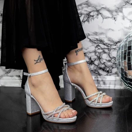 Sandale Dama cu Toc gros 2XKK22 Argintiu » MeiMei.Ro