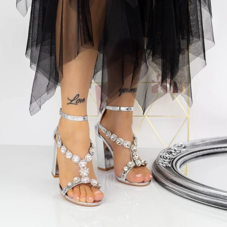 Sandale Dama cu Toc gros 2XKK110 Argintiu » MeiMei.Ro